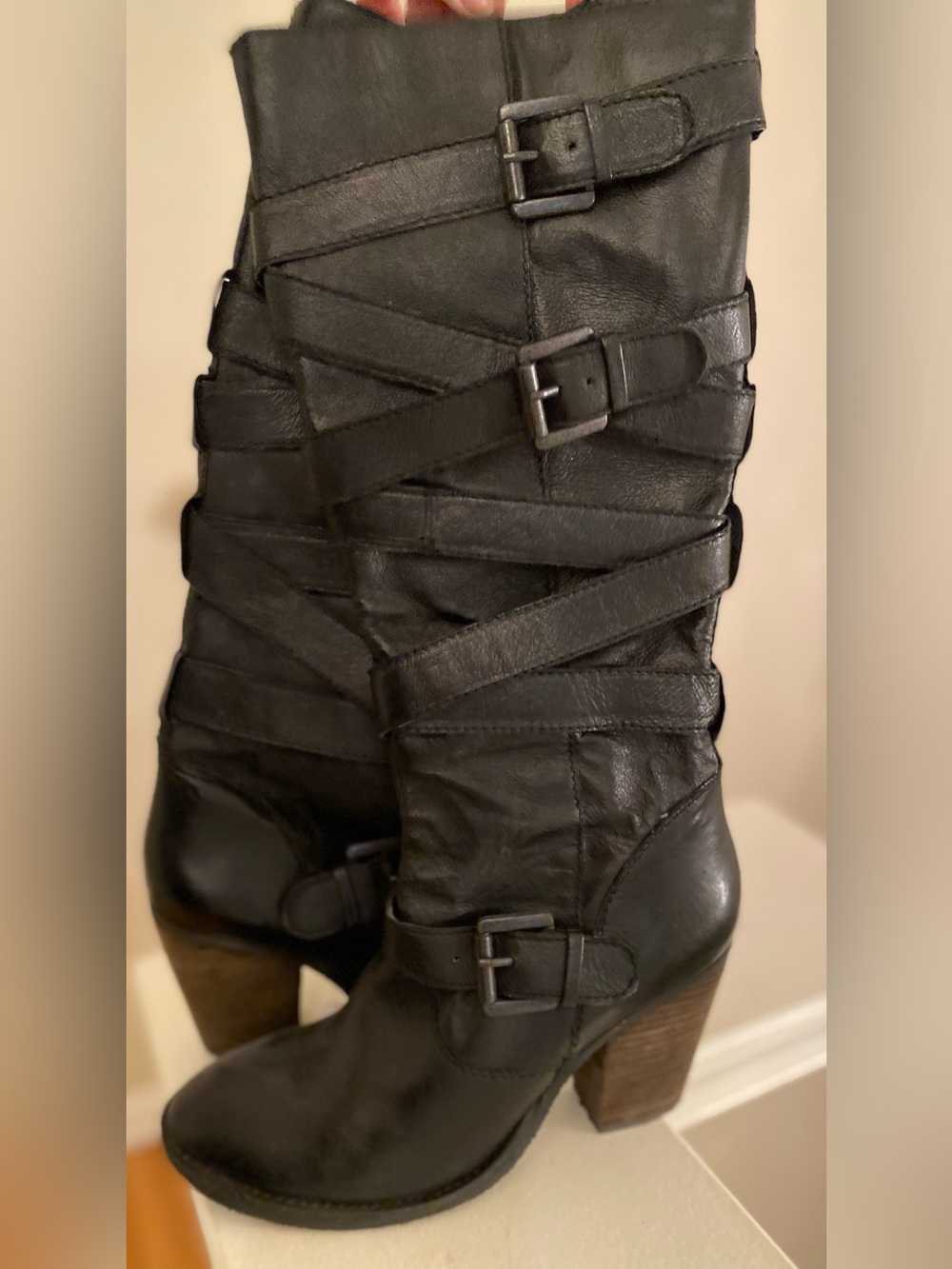 Steve Madden. Black Buckled Leather Mid-Calf Heeled Boots Original price $300.